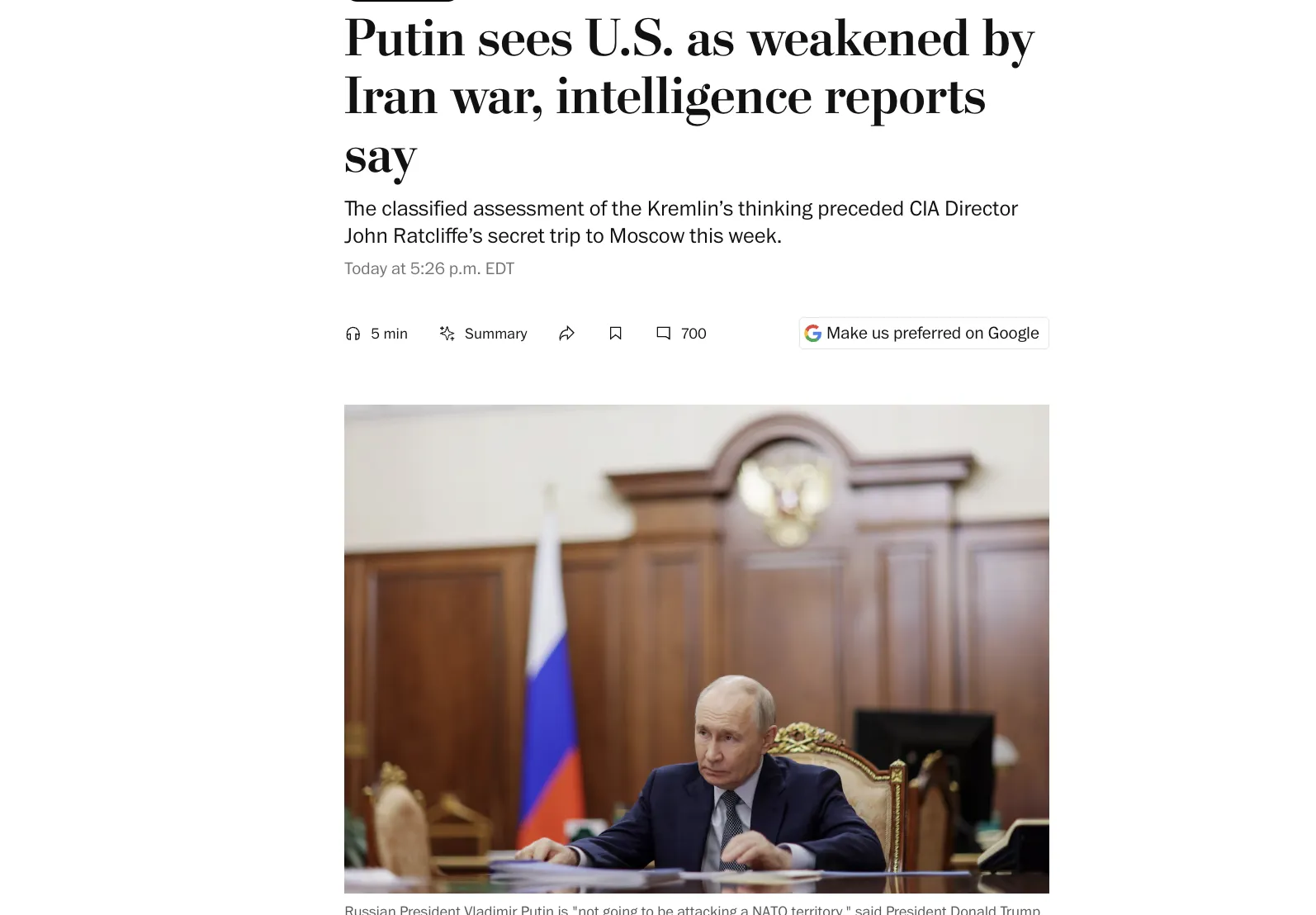 Путин считает, что война с Ираном ослабила Вашингтон — WP