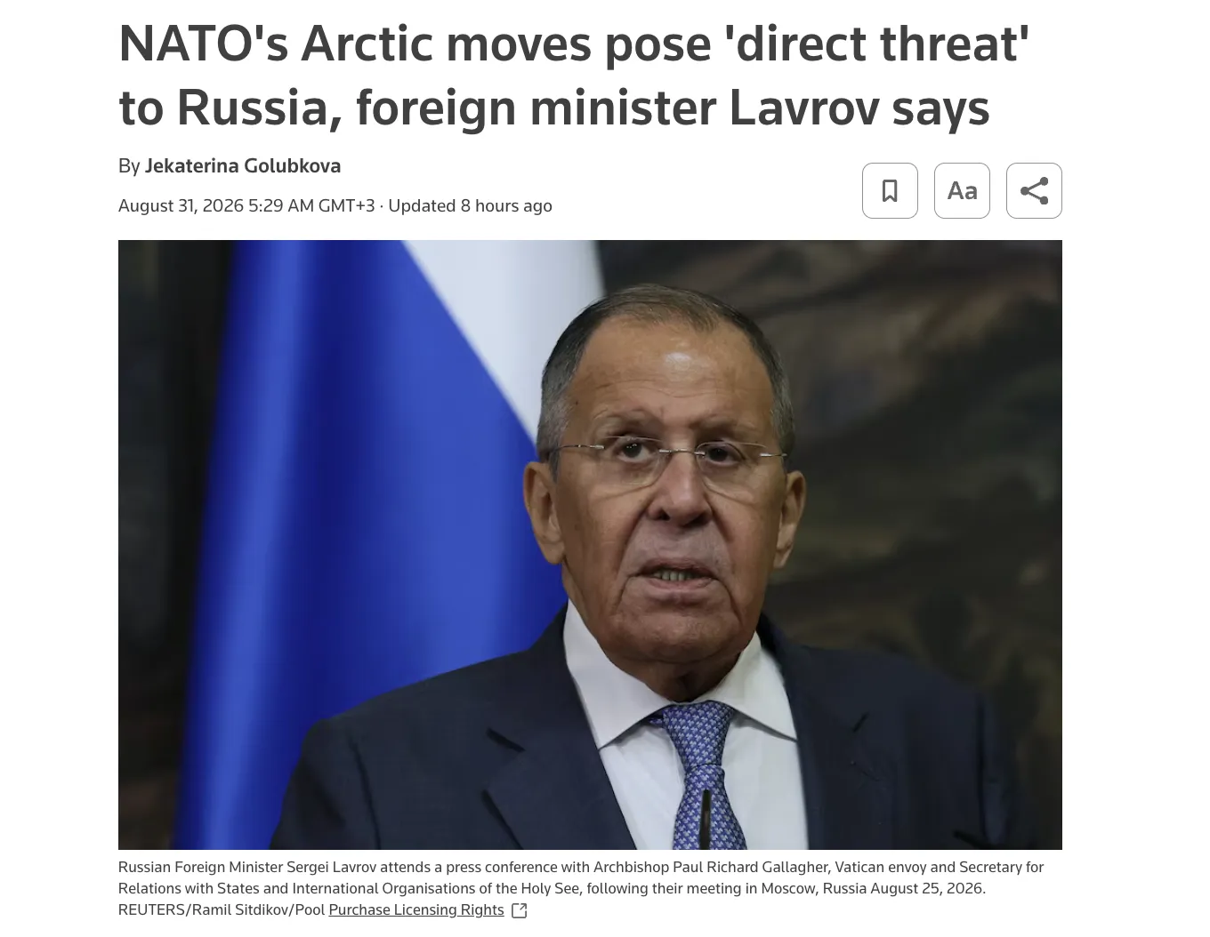 Lavrov Warns NATO of Catastrophic Consequences Over the Arctic — Reuters