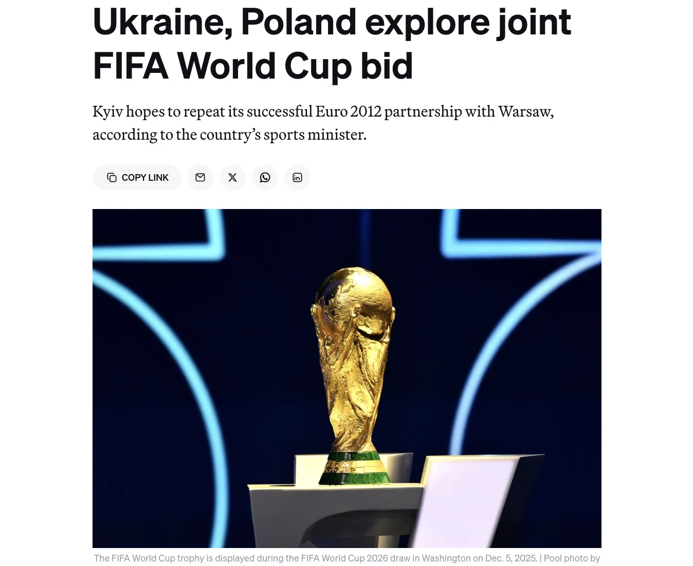 Ukraina i Polska mogą wspólnie złożyć wniosek o organizację MŚ w piłce nożnej