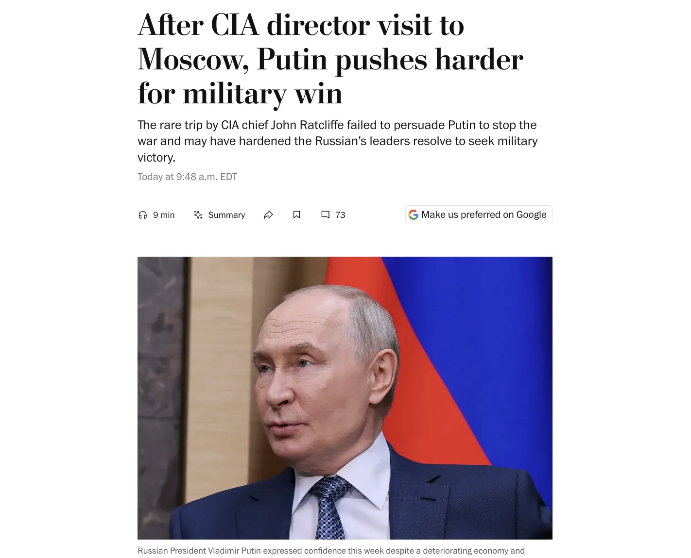 После визита главы ЦРУ Путин отказался идти на уступки в отношении Украины — The Washington Post