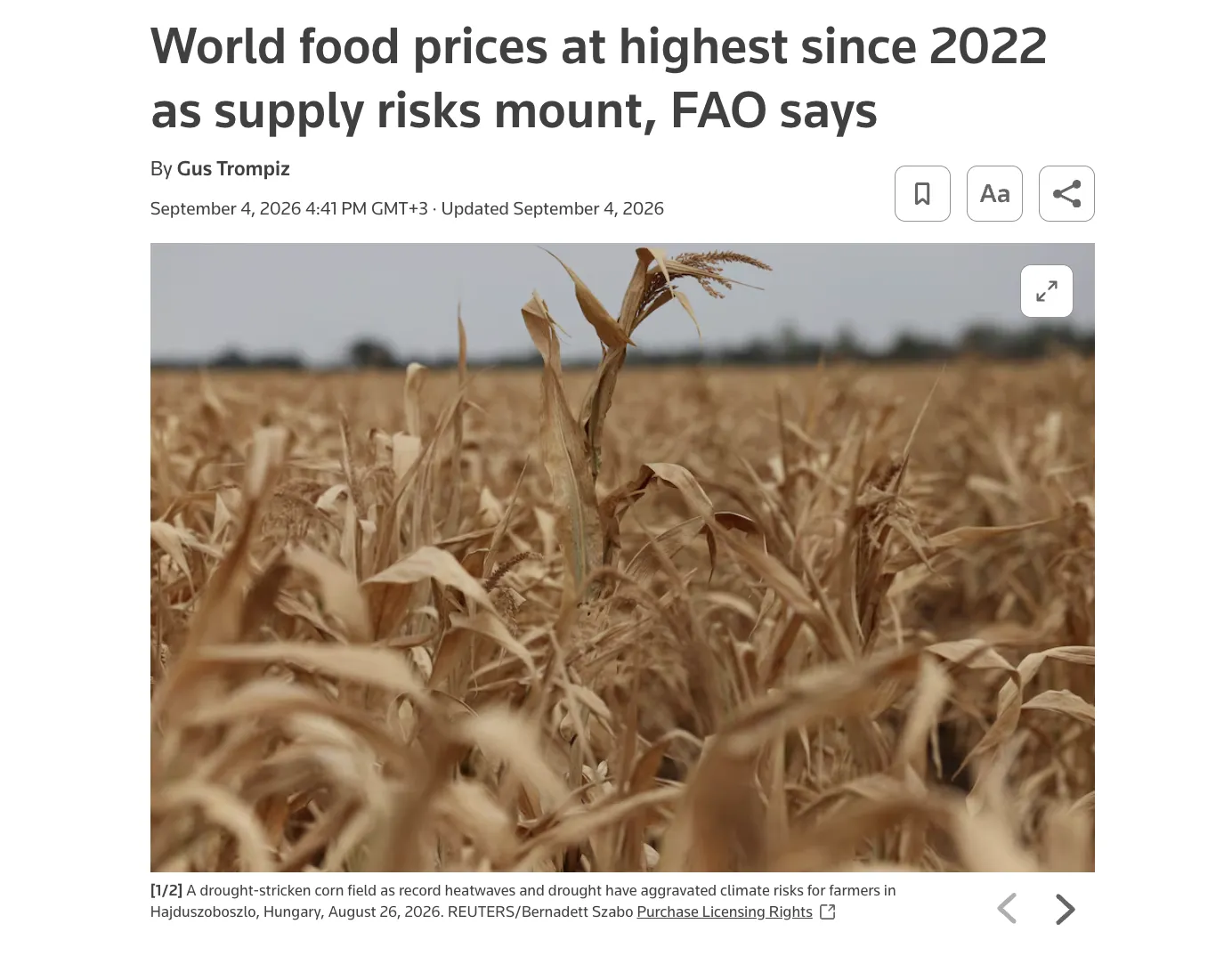 Global food prices have reached their highest level in nearly four years