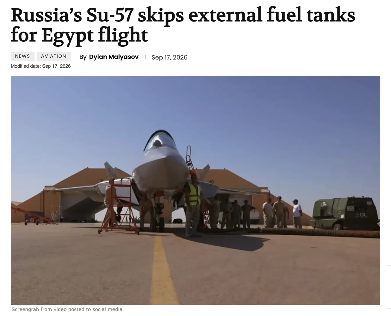 A Russian Su-57 traveled to Egypt without auxiliary fuel tanks. A Russian Su-57 traveled to Egypt without auxiliary fuel tanks.