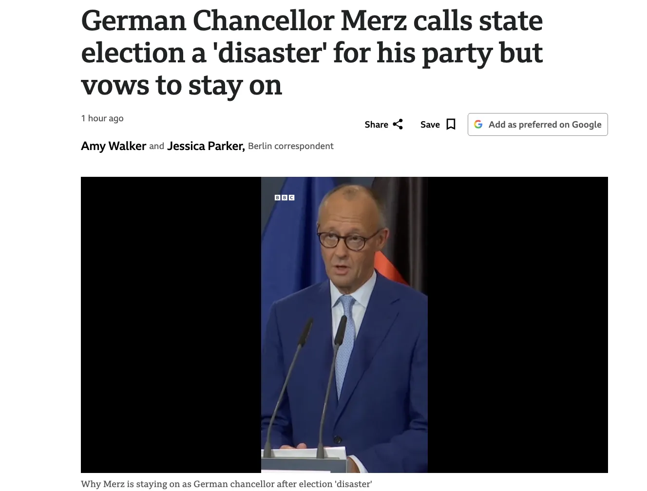 Merz Has No Plans to Resign Following His Party's Defeat — BBC