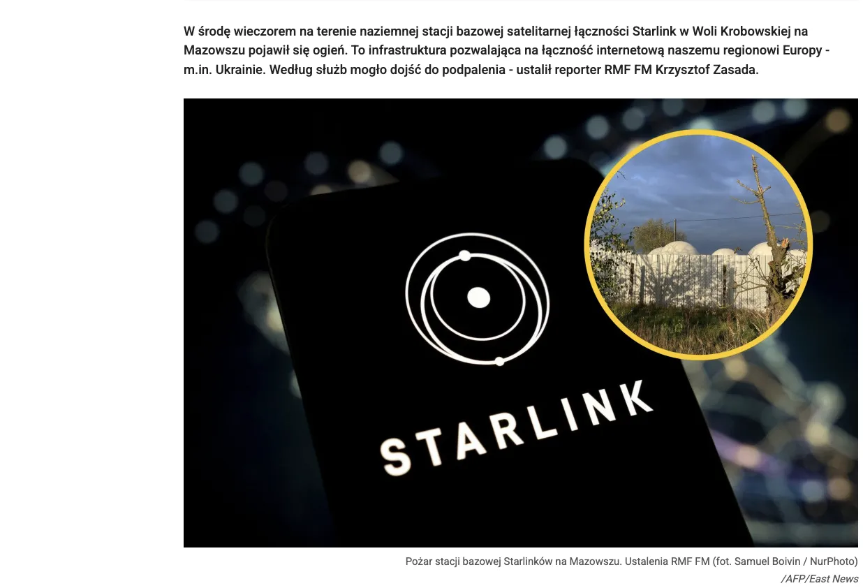 A Starlink ground station caught fire under suspicious circumstances in Poland