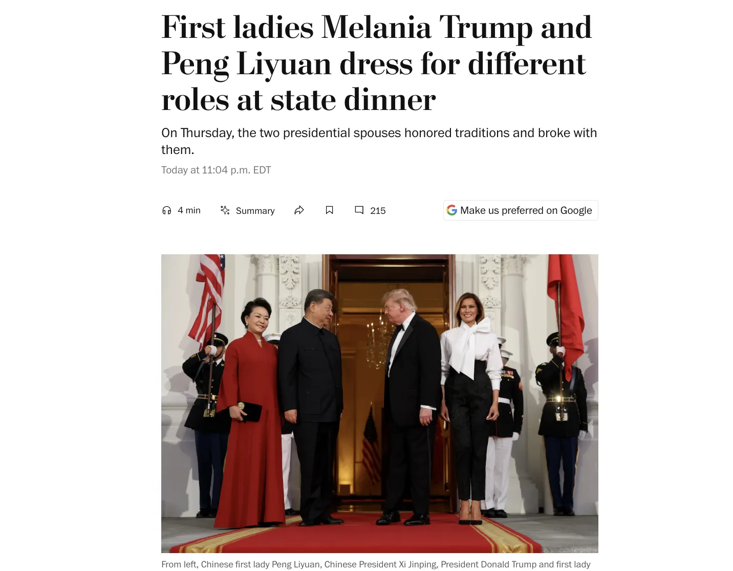 Melania Trump and Pen Liuan chose completely different looks for the White House dinner
