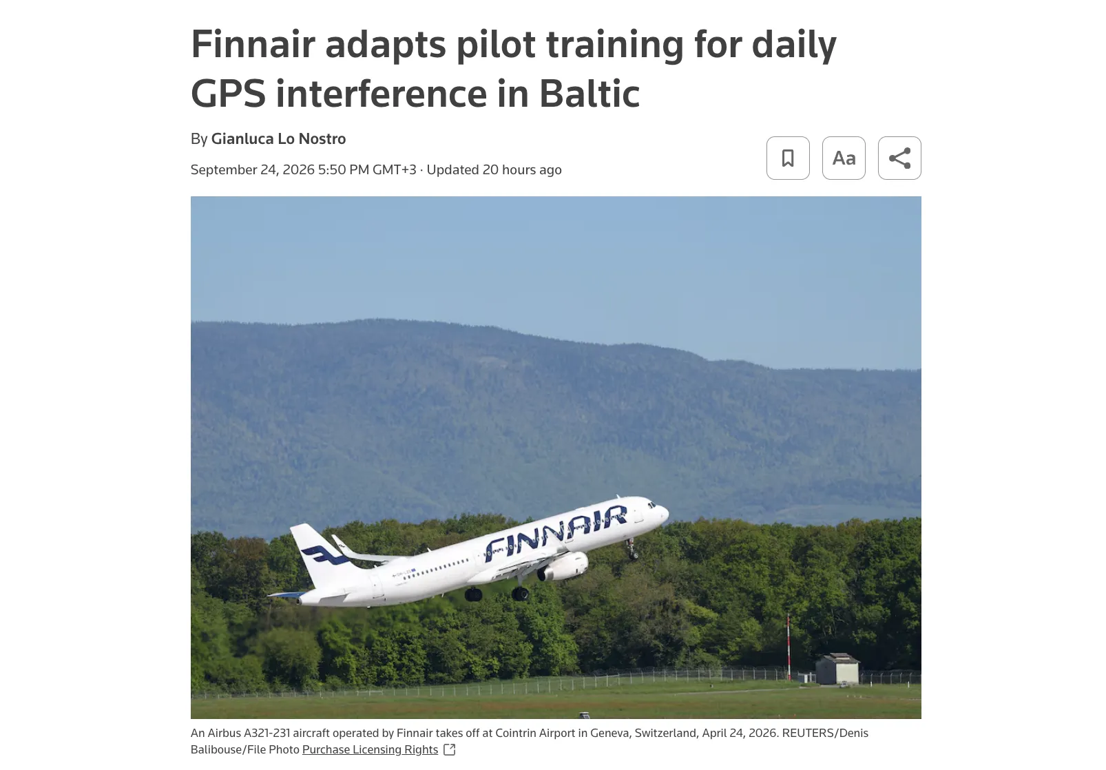 Finnair is training pilots to operate in the event of GPS disruptions in the Baltic region — Reuters