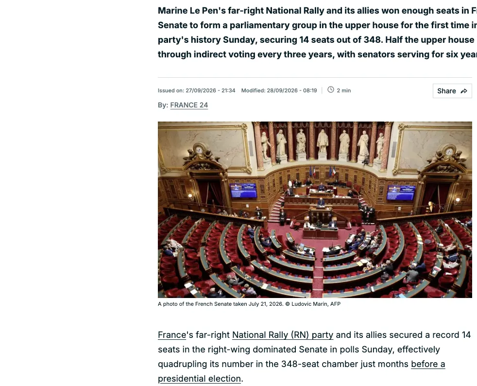 The National Rally, led by the pro-Russian Le Pen, will form a parliamentary group in the French Senate for the first time