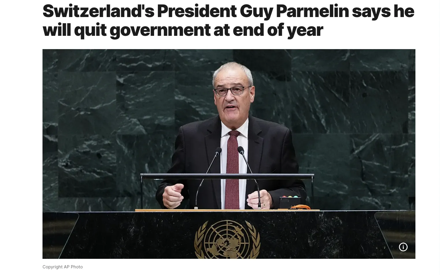 Swiss President Guy Parmelin announced his resignation at the end of the year