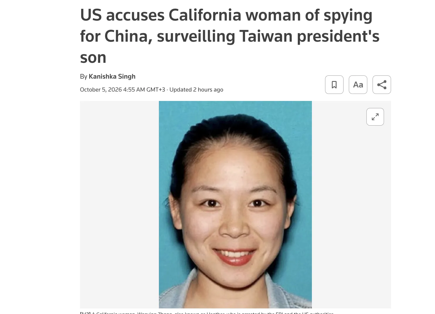 A woman was arrested in the U.S. on suspicion of spying on the son of Taiwan's president — Reuters