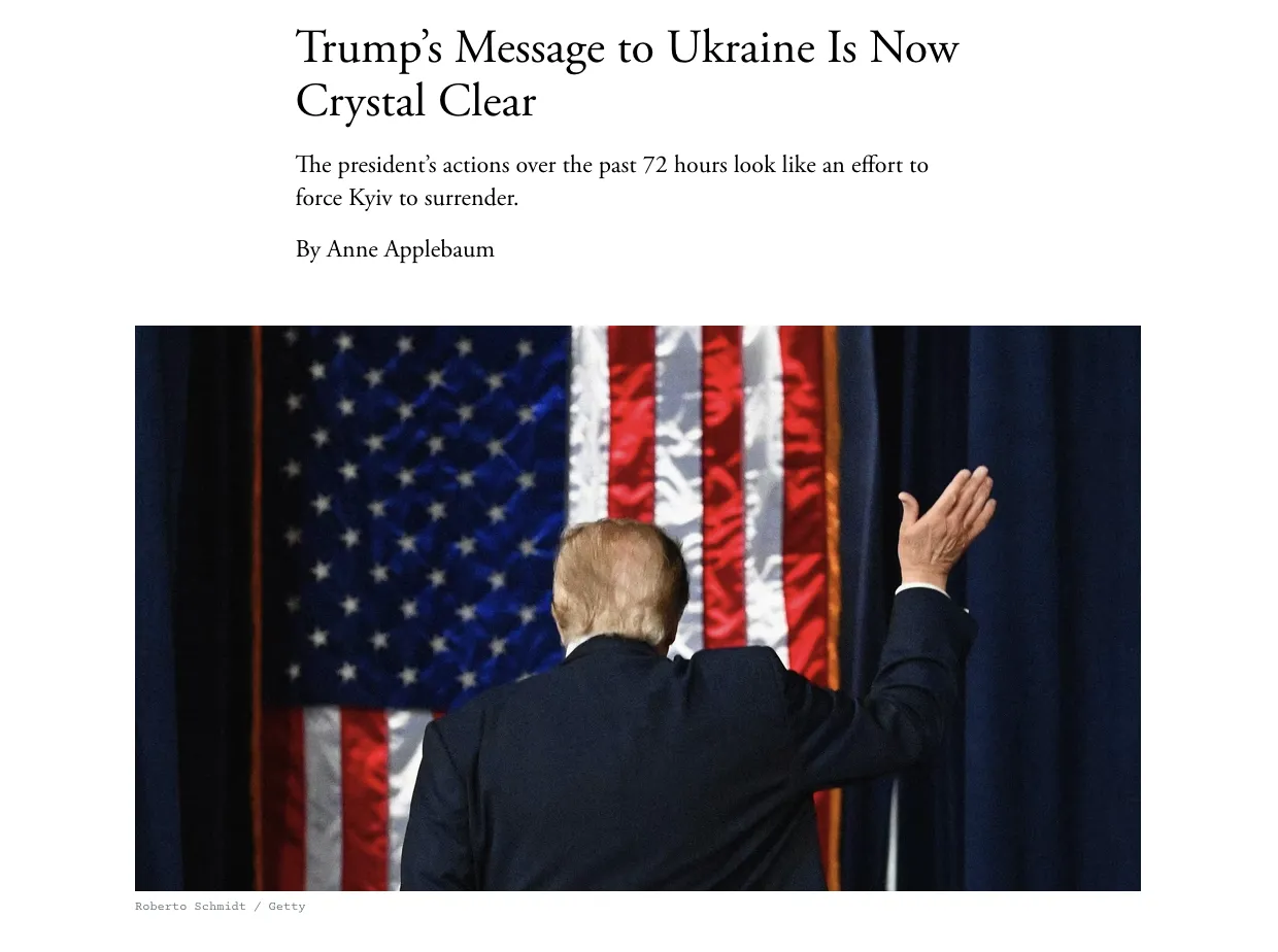 Издание The Atlantic заявило о давлении Трампа на Украину с целью заставить её капитулировать