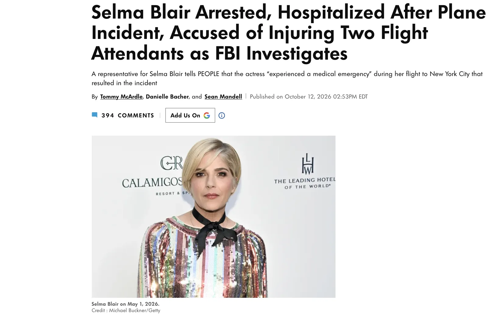 Selma Blair, star of *Legally Blonde*, was detained following an incident on a plane