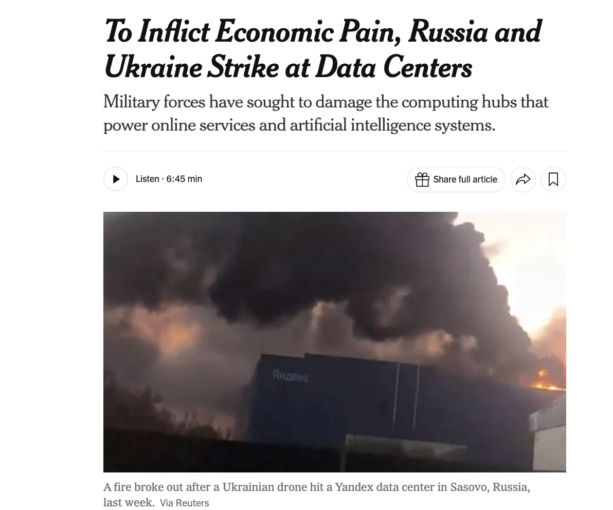 The NYT reported on a new front in the economic war following attacks on data centers