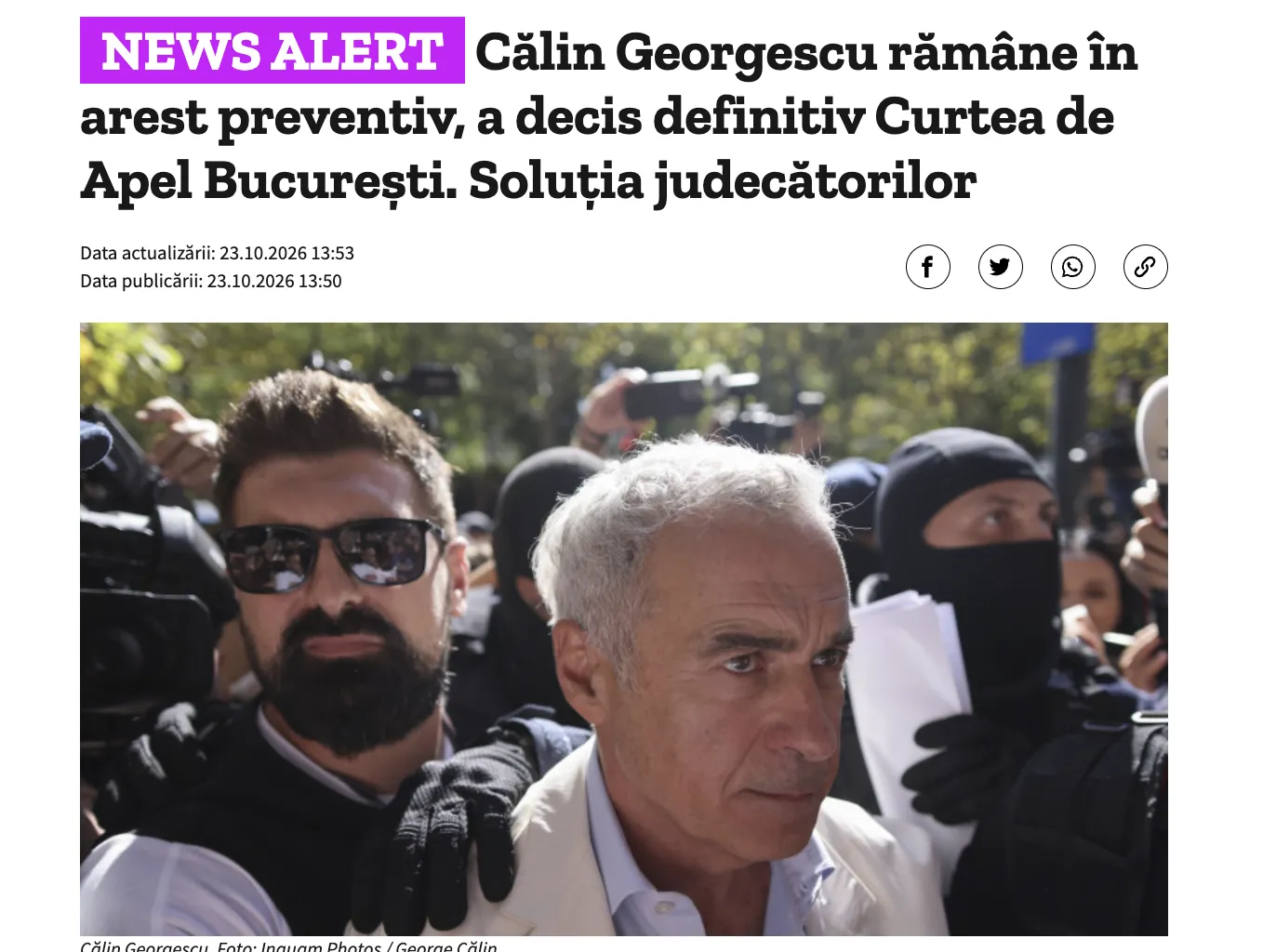 A court in Romania has ordered former presidential candidate Kelin Georgescu to remain in custody — Digi24