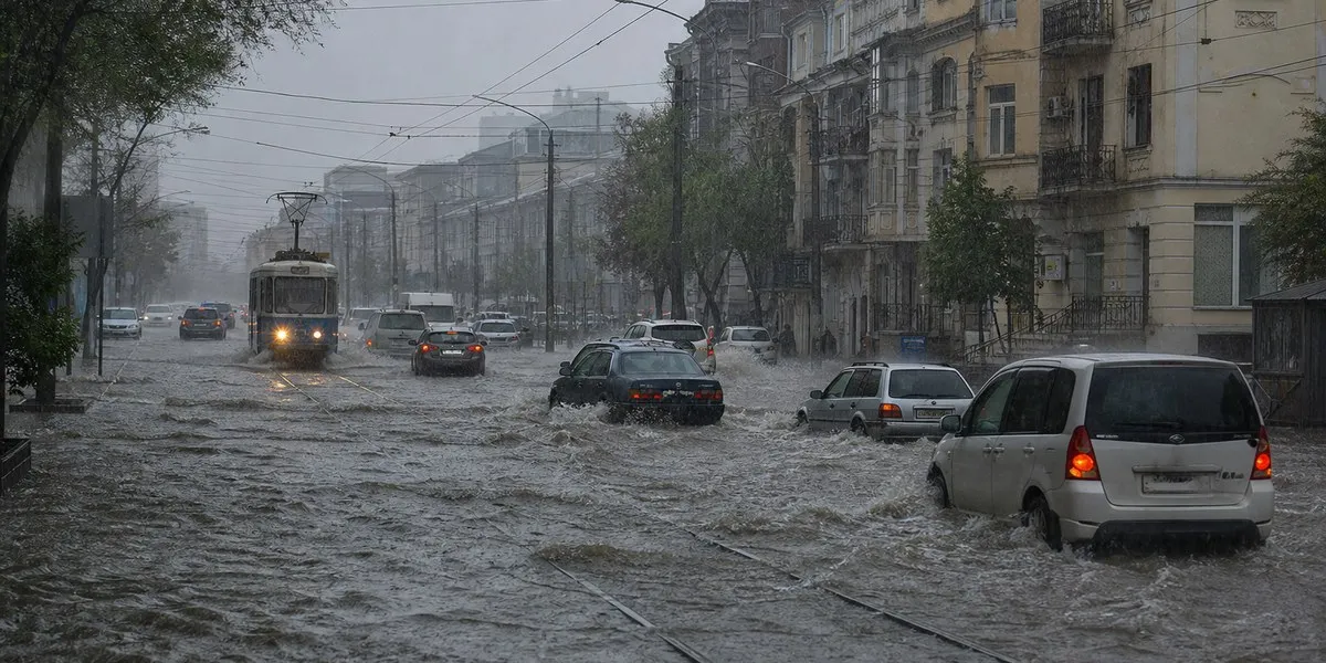 符拉迪沃斯托克暴雨致电车停运、街道被淹——Interia