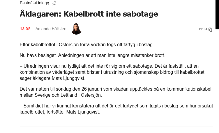Aftonbladet: Швеція не знайшла доказів диверсії на кабелі зв'язку з Латвією