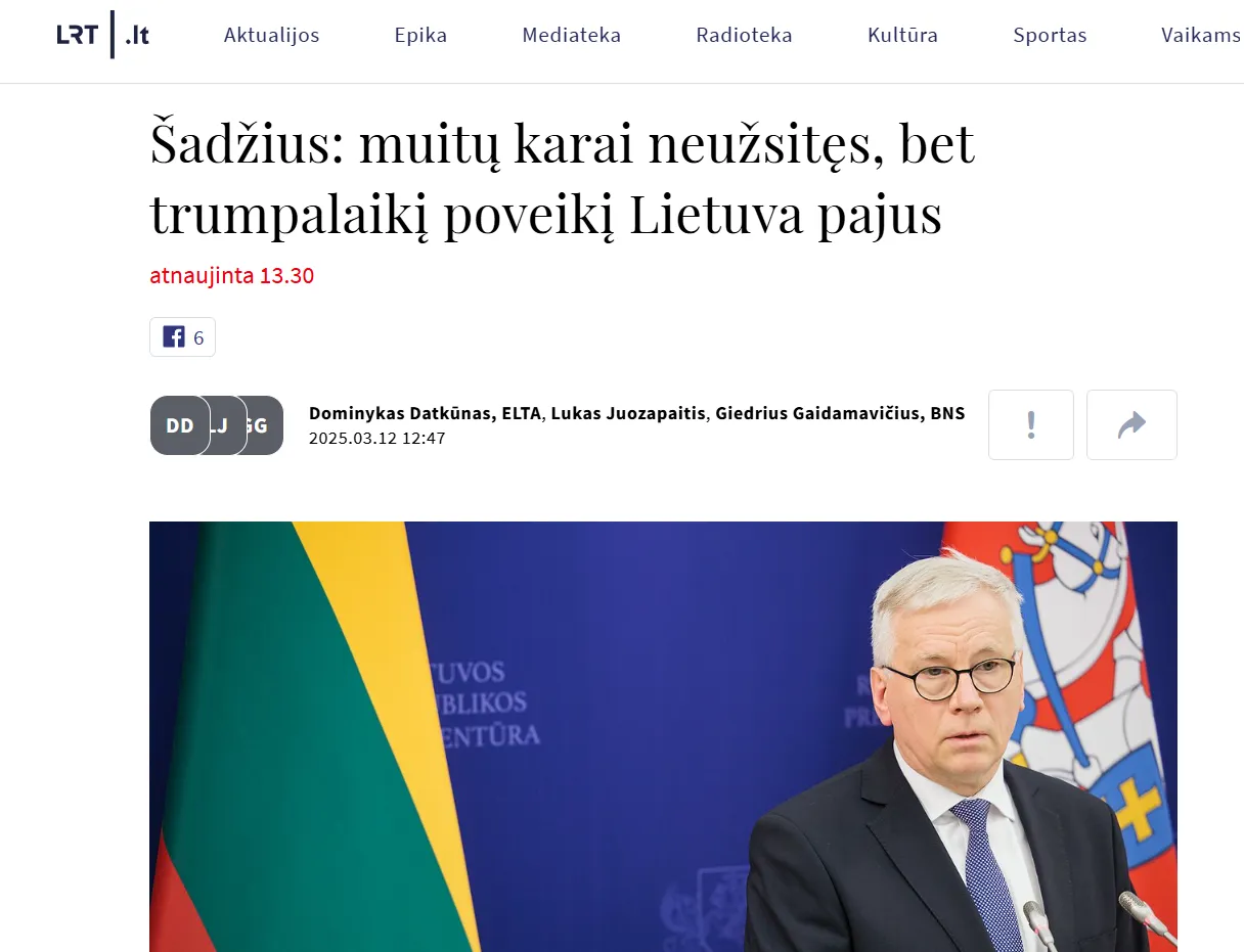 Міністр фінансів Литви прогнозує швидке завершення тарифної війни між США та ЄС